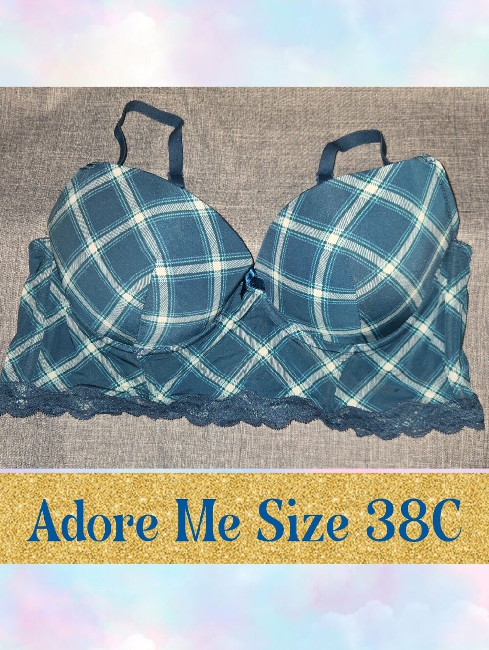 Adore Me Teal Plaid Longline Bra with Lace Trim 38C